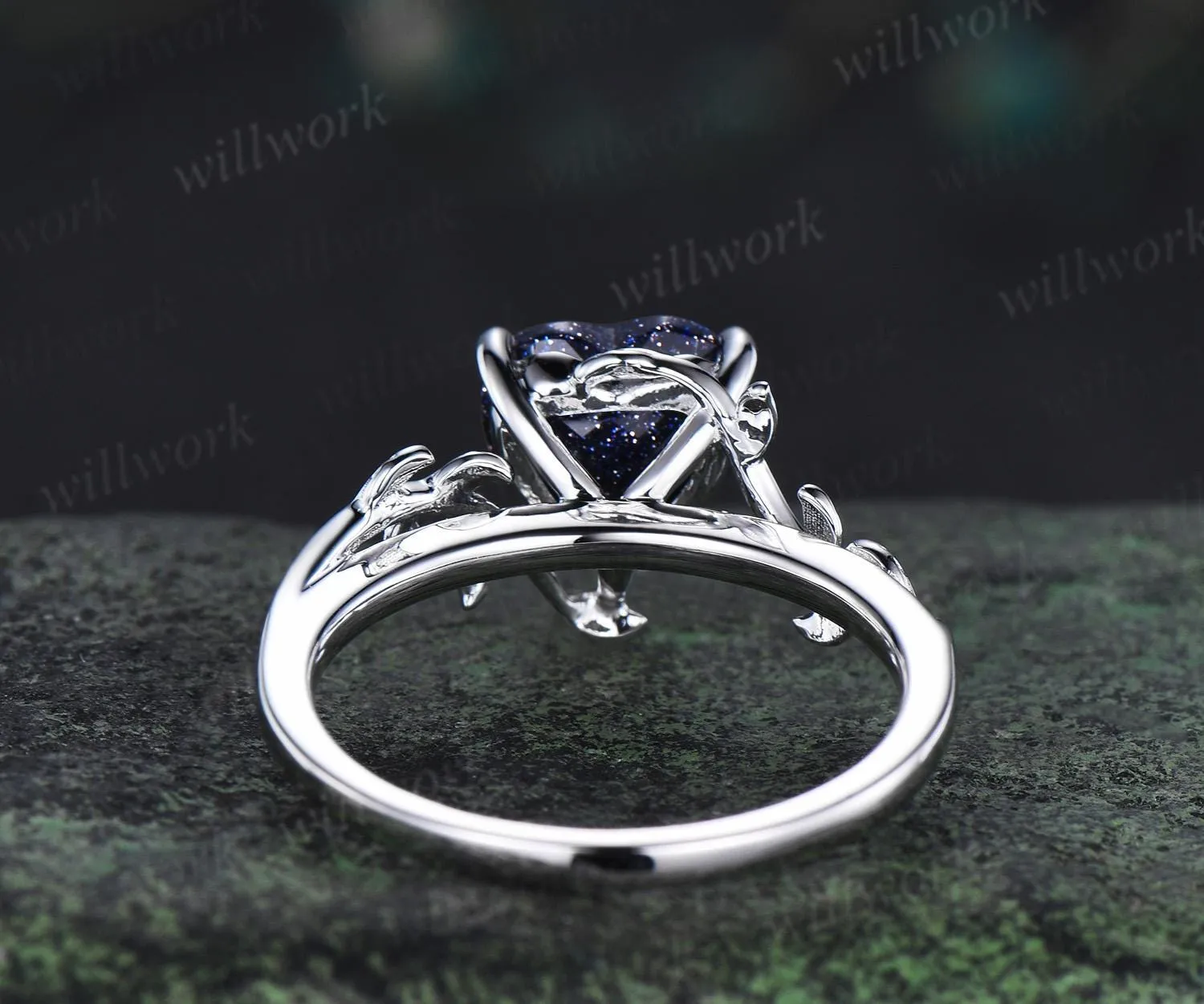 8mm heart shaped blue sandstone ring vintage Nature inspired solitaire leaf engagement ring white gold branch wedding ring women silver sold by Willwork Jewelry product image thumbnail 5