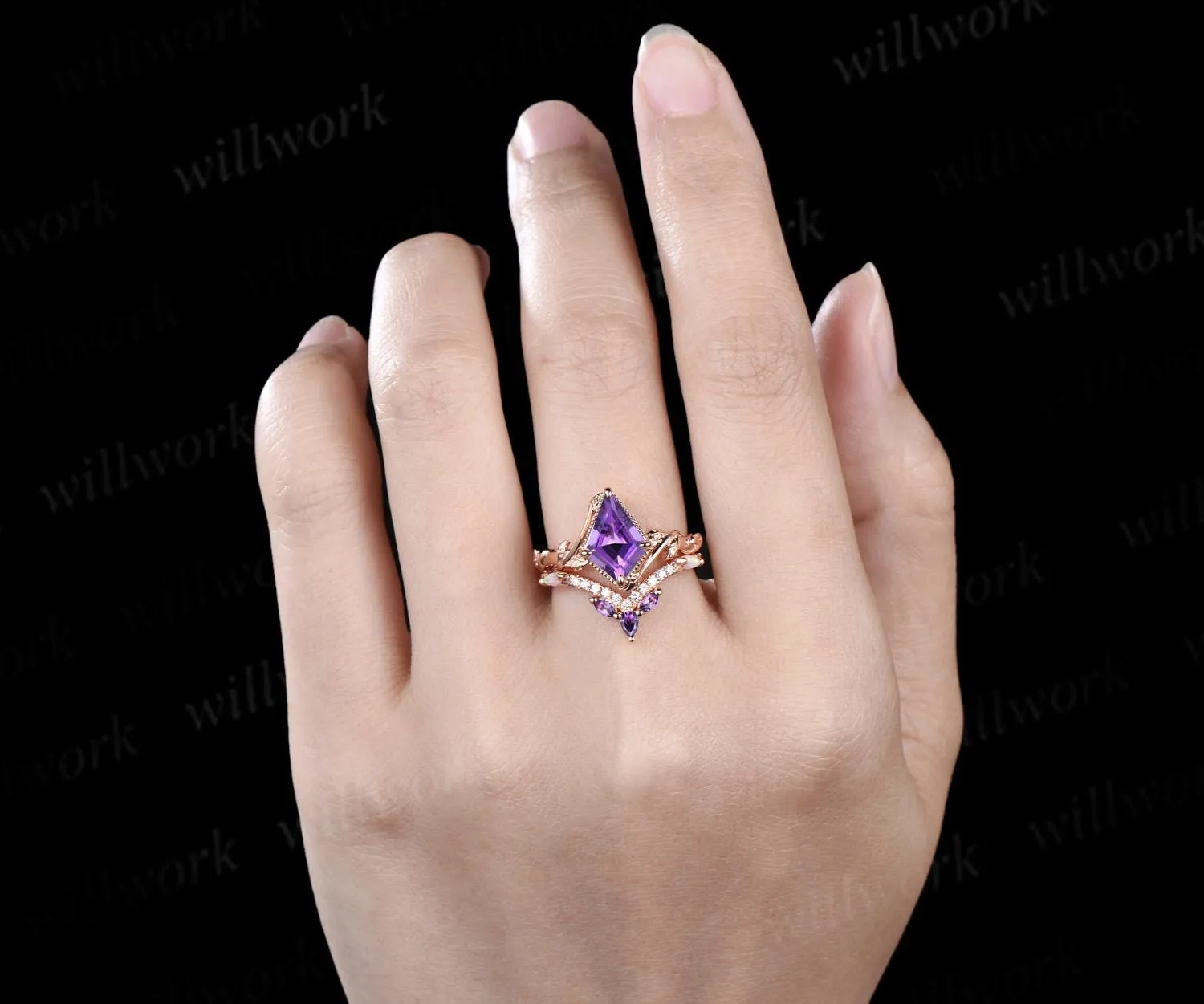 Kite cut purple amethyst engagement ring set 14k rose gold February birthstone ring nature inspired leaf opal bridal ring set women jewelry sold by Willwork Jewelry product image thumbnail 3