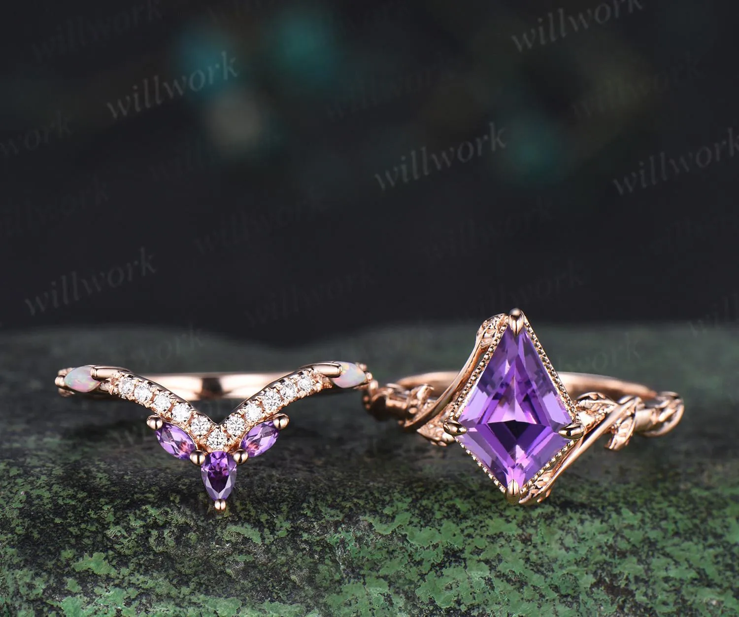 Kite cut purple amethyst engagement ring set 14k rose gold February birthstone ring nature inspired leaf opal bridal ring set women jewelry sold by Willwork Jewelry product image thumbnail 2