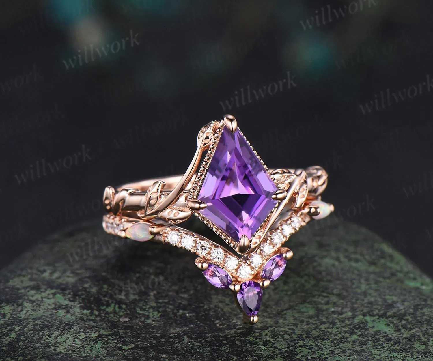 Kite cut purple amethyst engagement ring set 14k rose gold February birthstone ring nature inspired leaf opal bridal ring set women jewelry sold by Willwork Jewelry product image thumbnail 5