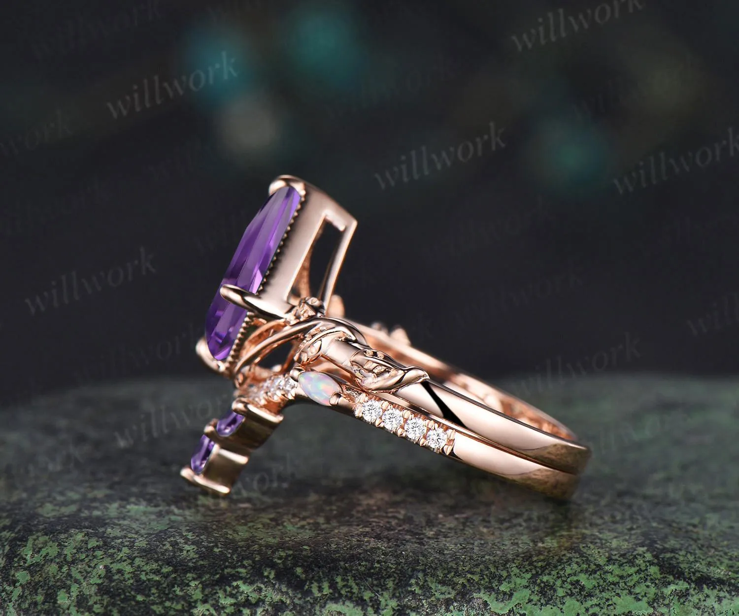 Kite cut purple amethyst engagement ring set 14k rose gold February birthstone ring nature inspired leaf opal bridal ring set women jewelry sold by Willwork Jewelry product image thumbnail 4