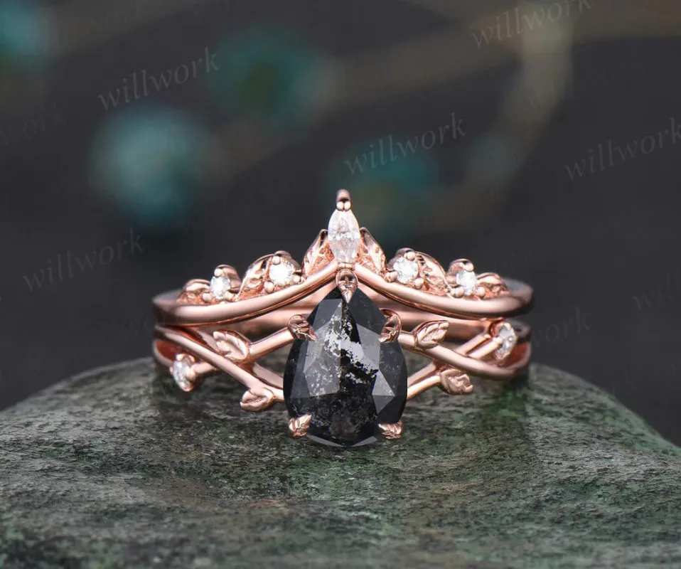 Nature Inspired Pear Salt and Pepper Diamond Engagement Ring Twised Twig Leaf Unique Diamond Bridal Wedding Ring Set Women Gift sold by Willwork Jewelry
