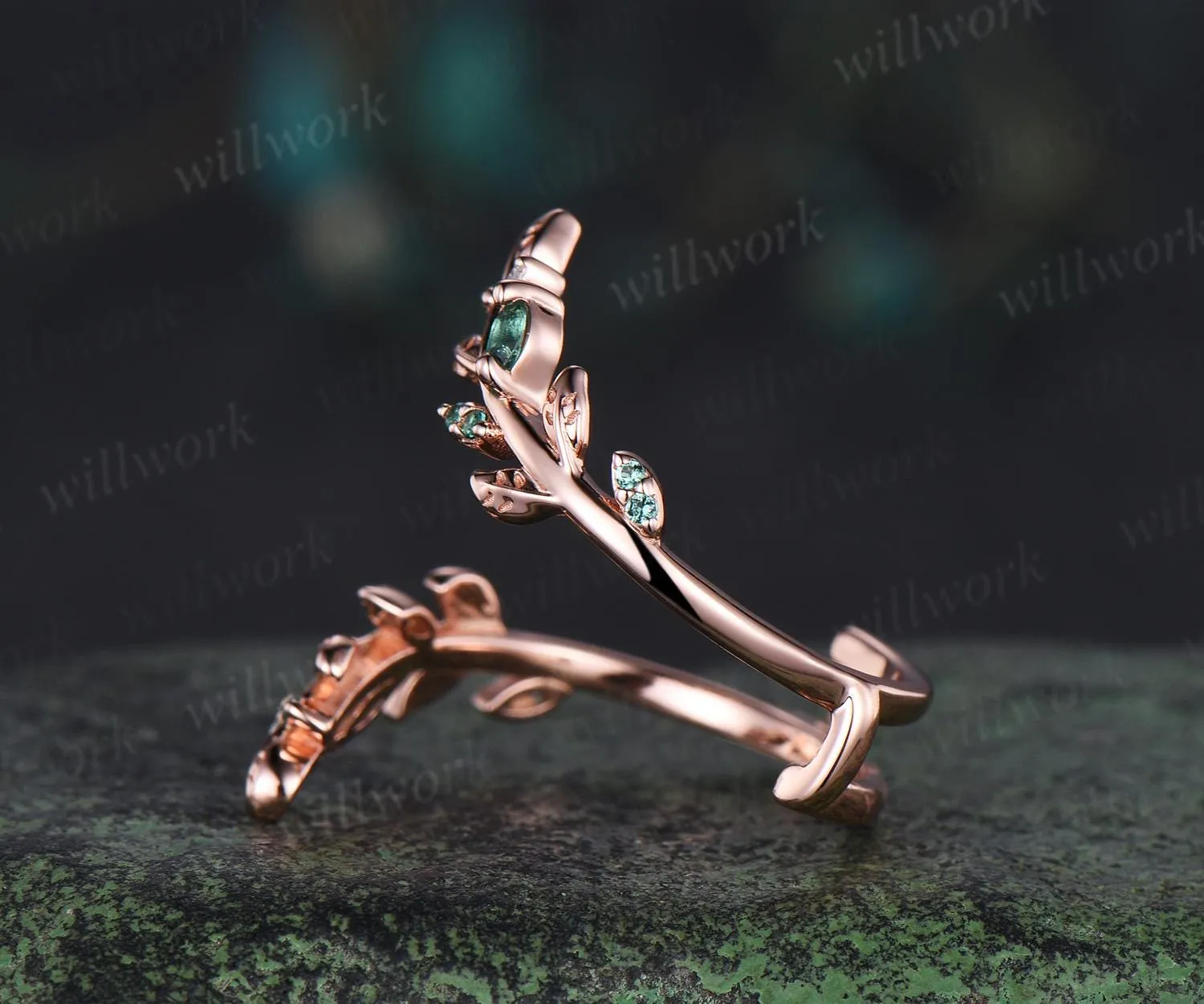 Vintage emerald leaf wedding band enhancer wraps solid 14k rose gold cluster double moissanite ring women art deco anniversary gift sold by Willwork Jewelry product image thumbnail 3