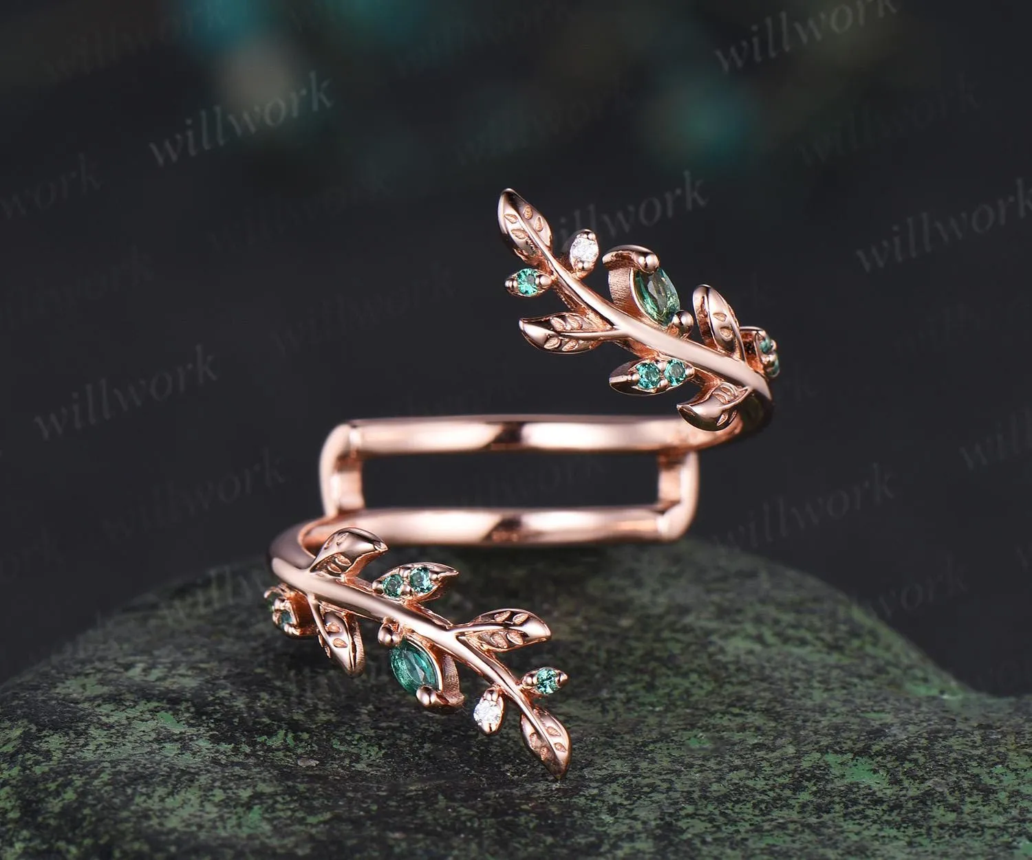 Vintage emerald leaf wedding band enhancer wraps solid 14k rose gold cluster double moissanite ring women art deco anniversary gift sold by Willwork Jewelry
