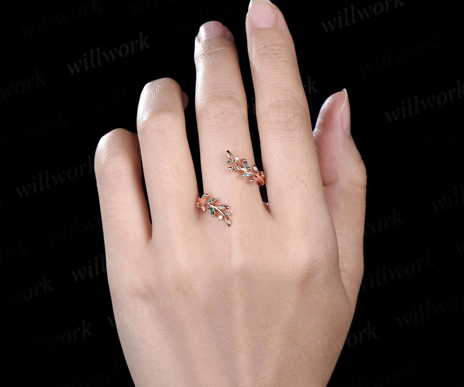 Vintage emerald leaf wedding band enhancer wraps solid 14k rose gold cluster double moissanite ring women art deco anniversary gift sold by Willwork Jewelry product image thumbnail 2