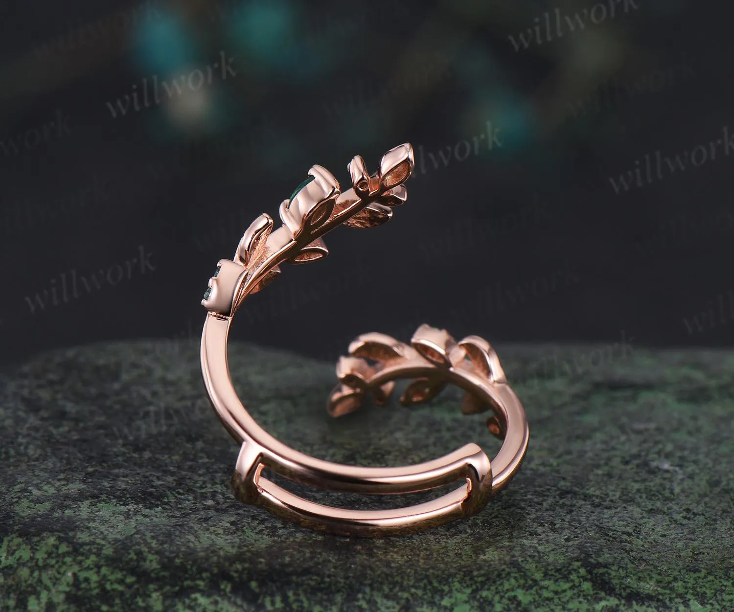 Vintage emerald leaf wedding band enhancer wraps solid 14k rose gold cluster double moissanite ring women art deco anniversary gift sold by Willwork Jewelry product image thumbnail 5