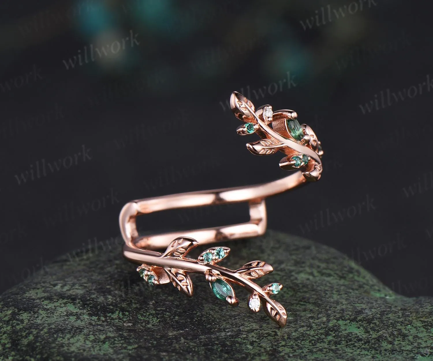 Vintage emerald leaf wedding band enhancer wraps solid 14k rose gold cluster double moissanite ring women art deco anniversary gift sold by Willwork Jewelry product image thumbnail 4