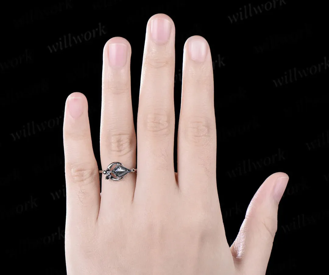 Moon kite cut salt and pepper diamond engagement ring East To West black diamond wedding anniversary ring gift sold by Willwork Jewelry product image thumbnail 2