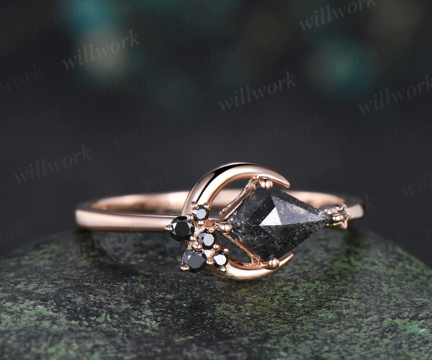 Moon kite cut salt and pepper diamond engagement ring East To West black diamond wedding anniversary ring gift sold by Willwork Jewelry product image thumbnail 5