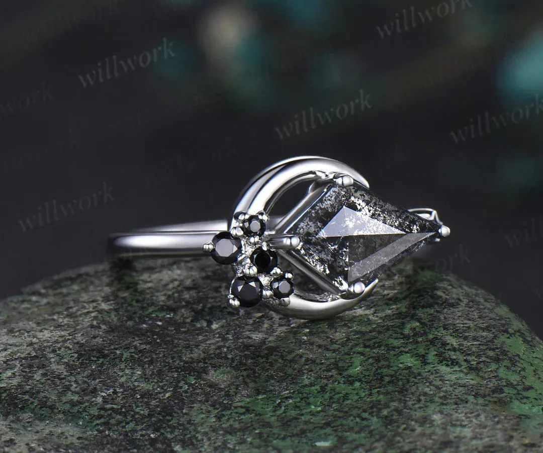 Moon kite cut salt and pepper diamond engagement ring East To West black diamond wedding anniversary ring gift sold by Willwork Jewelry product image thumbnail 3