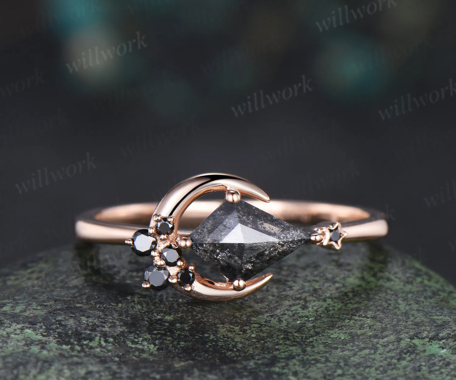 Moon kite cut salt and pepper diamond engagement ring East To West black diamond wedding anniversary ring gift sold by Willwork Jewelry product image thumbnail 4
