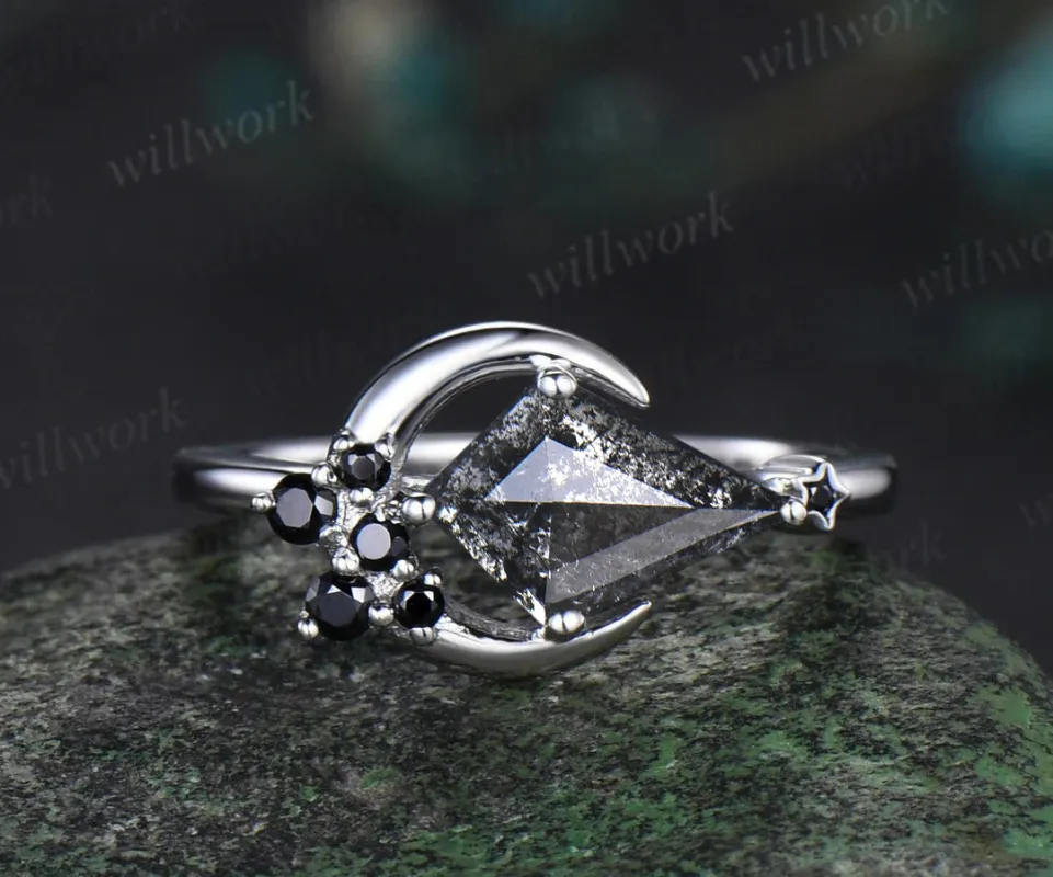 Moon kite cut salt and pepper diamond engagement ring East To West black diamond wedding anniversary ring gift sold by Willwork Jewelry