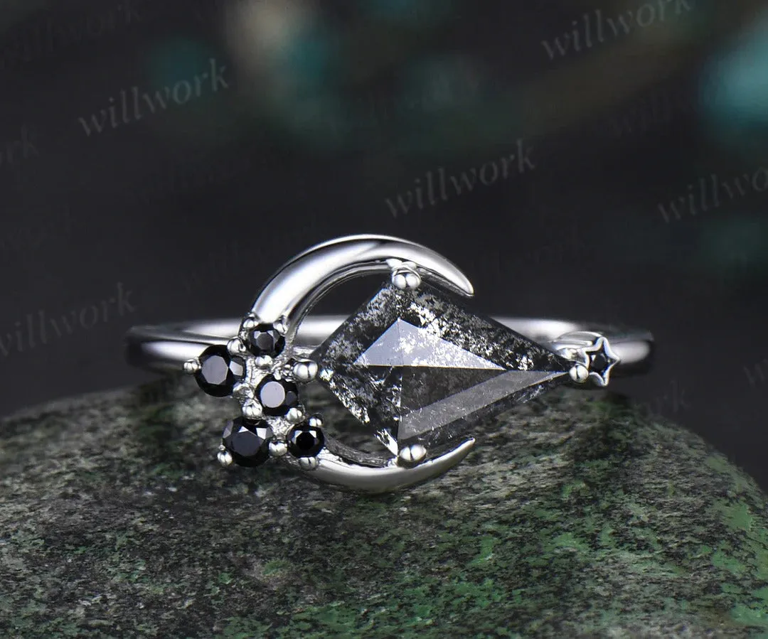 Moon kite cut salt and pepper diamond engagement ring East To West black diamond wedding anniversary ring gift sold by Willwork Jewelry