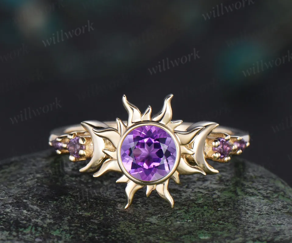 Round cut purple amethyst ring vintage bezel sun moon engagement ring women solid 14k yellow gold unique anniversary gift sold by Willwork Jewelry