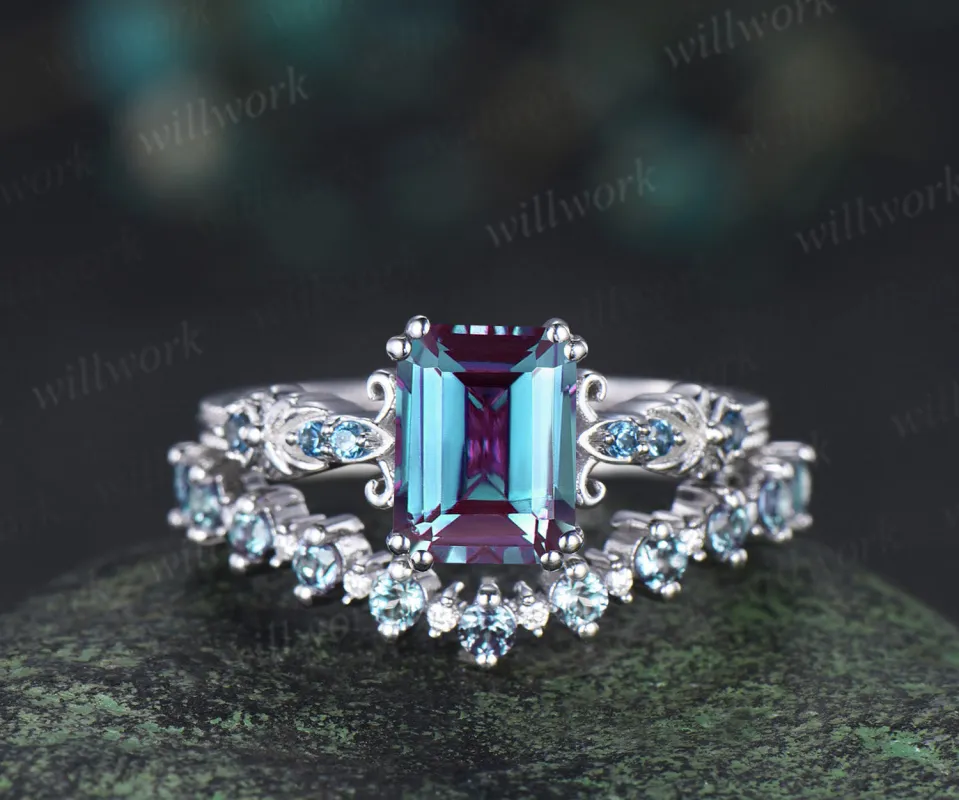 Vintage emerald cut alexandrite engagement ring set filigree art deco blue topaz ring half eternity alexandrite wedding band June birthstone jewelry gifts made by Willwork Jewelry