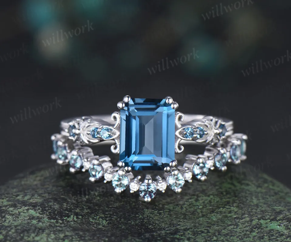 Vintage emerald cut London blue topaz engagement ring set filigree art deco blue topaz ring half eternity alexandrite wedding band bridal set made by Willwork Jewelry