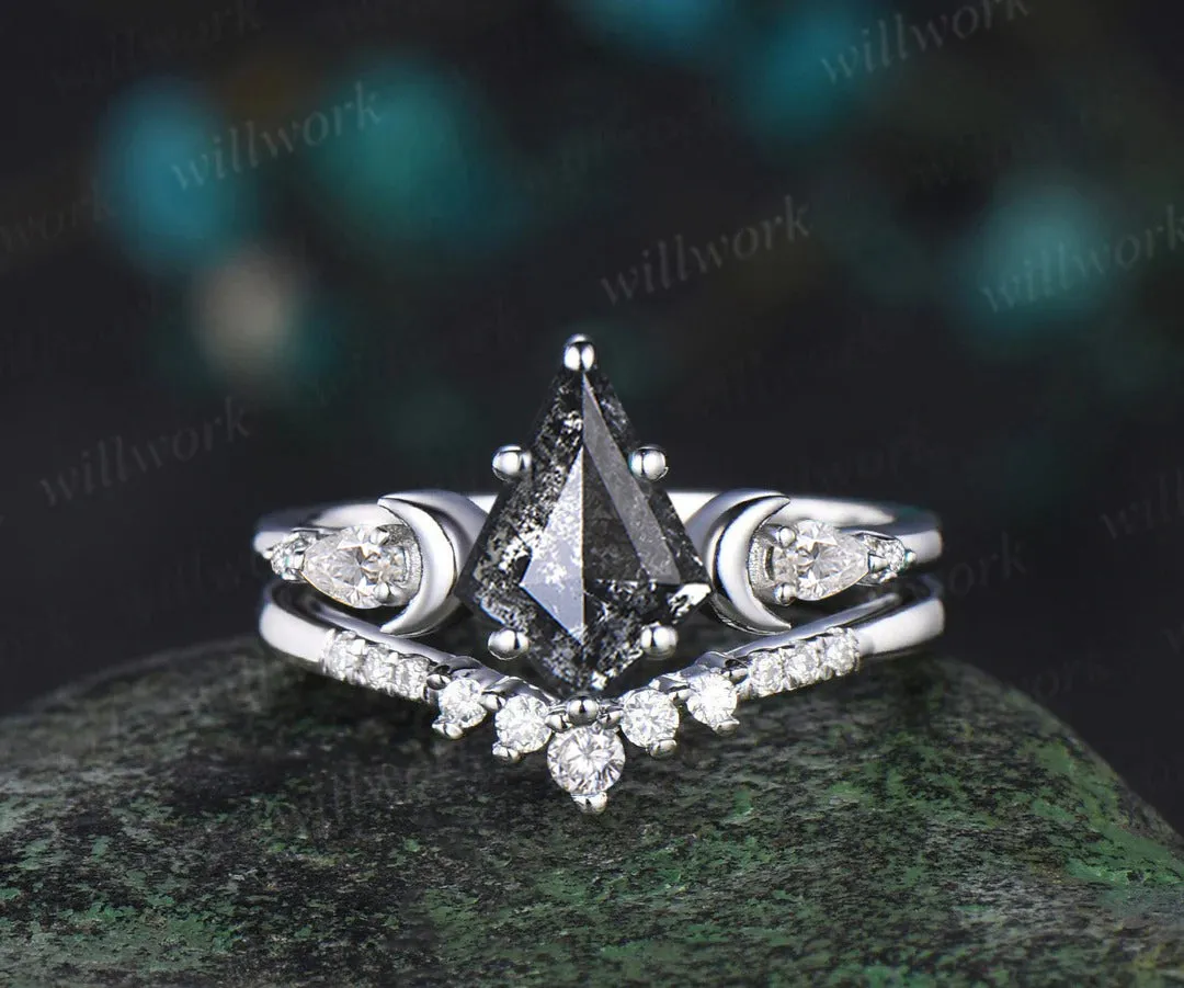 Unique kite cut salt and pepper diamond engagement ring set women 6 prong diamond accented moon bridal ring set sold by Willwork Jewelry product image thumbnail 5