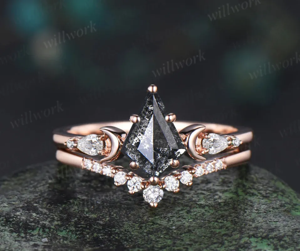 Unique kite cut salt and pepper diamond engagement ring set women 6 prong diamond accented moon bridal ring set sold by Willwork Jewelry