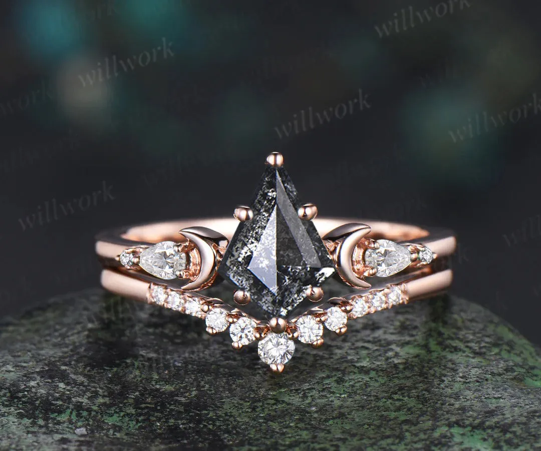 Unique kite cut salt and pepper diamond engagement ring set women 6 prong diamond accented moon bridal ring set sold by Willwork Jewelry