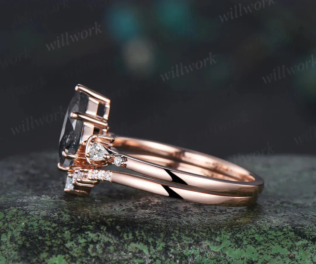 Unique kite cut salt and pepper diamond engagement ring set women 6 prong diamond accented moon bridal ring set sold by Willwork Jewelry product image thumbnail 4