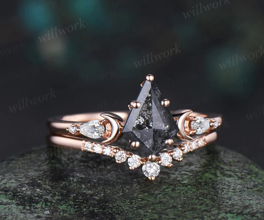 Unique kite cut salt and pepper diamond engagement ring set women 6 prong diamond accented moon bridal ring set sold by Willwork Jewelry product image thumbnail 3