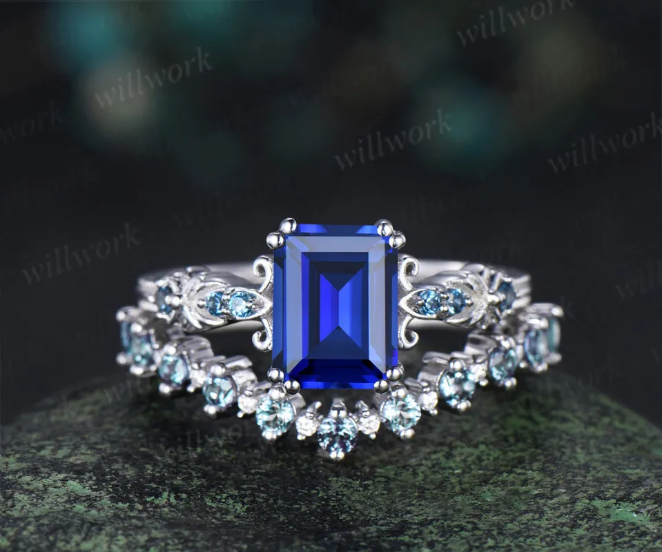 Vintage emerald cut sapphire engagement ring set unique filigree art deco London blue topaz ring half eternity alexandrite wedding band bridal set made by Willwork Jewelry