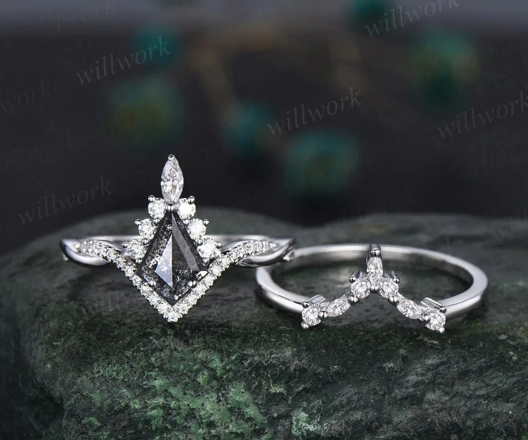 Vintage kite cut salt and pepper diamond engagement ring set twisted infinity diamond wedding bridal ring set women gifts sold by Willwork Jewelry product image thumbnail 3