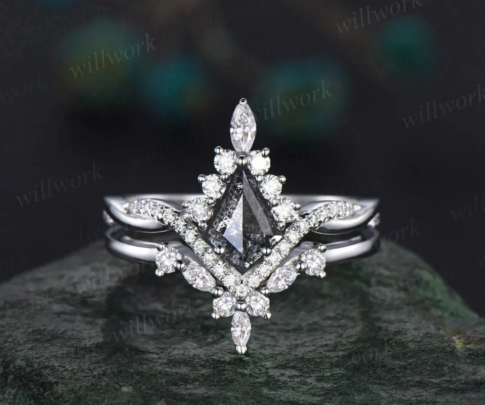 Vintage kite cut salt and pepper diamond engagement ring set twisted infinity diamond wedding bridal ring set women gifts sold by Willwork Jewelry