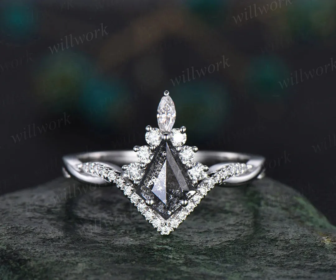 Vintage kite cut salt and pepper diamond engagement ring set twisted infinity diamond wedding bridal ring set women gifts sold by Willwork Jewelry product image thumbnail 5