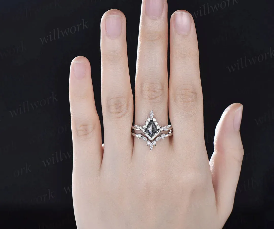 Vintage kite cut salt and pepper diamond engagement ring set twisted infinity diamond wedding bridal ring set women gifts sold by Willwork Jewelry product image thumbnail 2