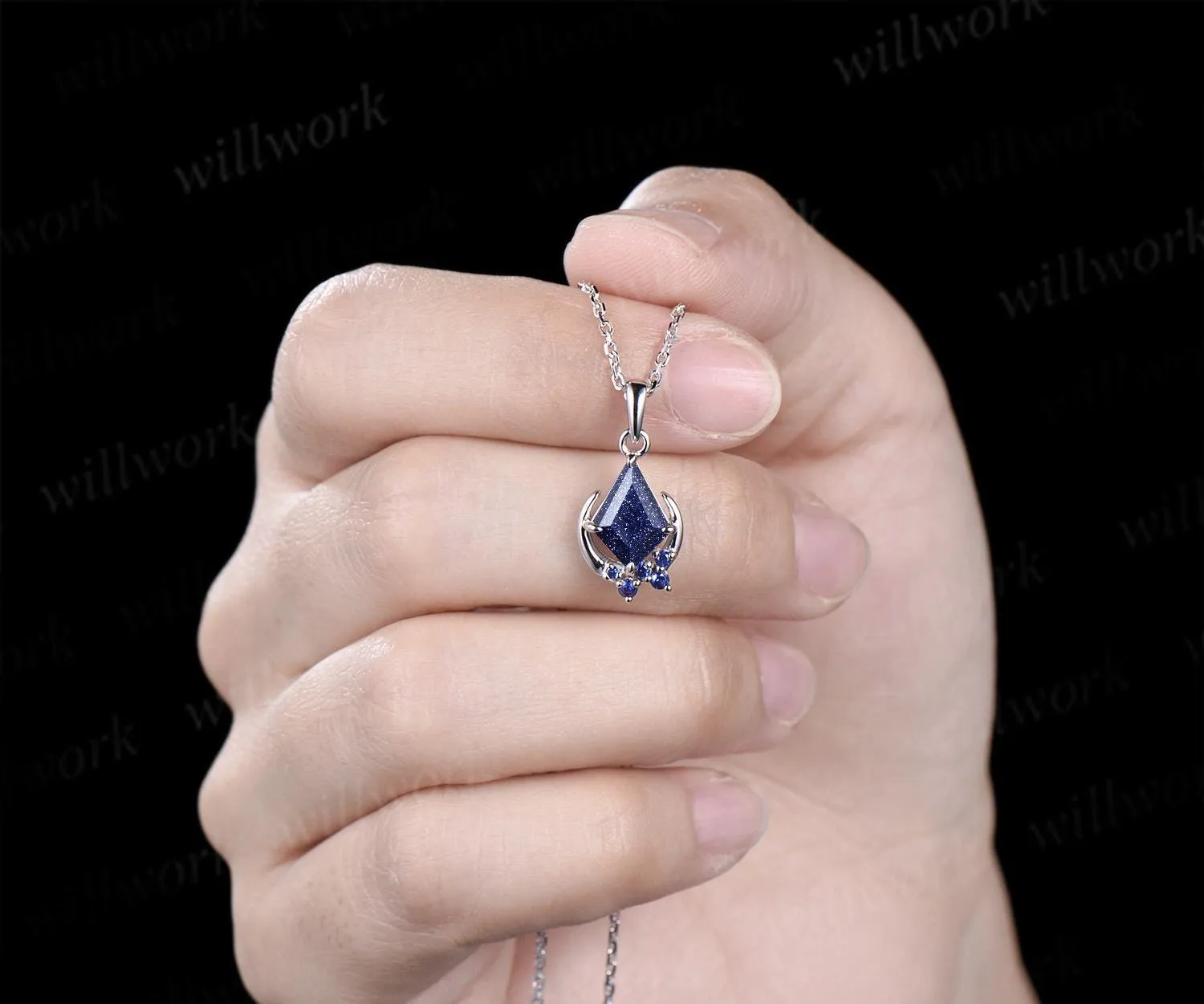 Kite cut blue sandstone necklace white gold vintage unique cluster moon pendant women her sapphire anniversary bridal gift mother sold by Willwork Jewelry product image thumbnail 5