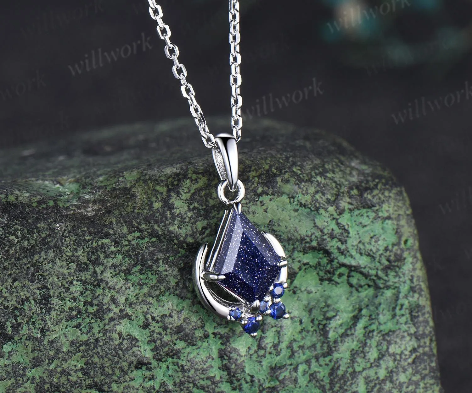 Kite cut blue sandstone necklace white gold vintage unique cluster moon pendant women her sapphire anniversary bridal gift mother sold by Willwork Jewelry product image thumbnail 2
