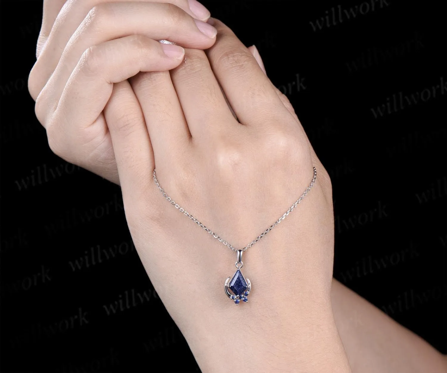 Kite cut blue sandstone necklace white gold vintage unique cluster moon pendant women her sapphire anniversary bridal gift mother sold by Willwork Jewelry product image thumbnail 3
