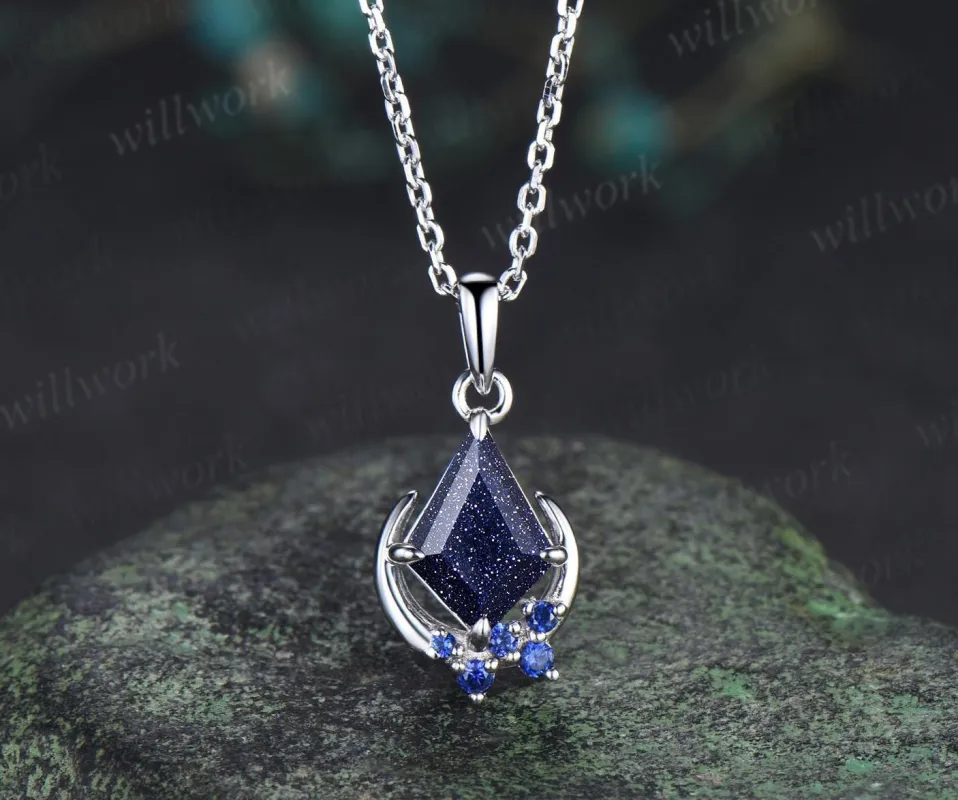 Kite cut blue sandstone necklace white gold vintage unique cluster moon pendant women her sapphire anniversary bridal gift mother sold by Willwork Jewelry