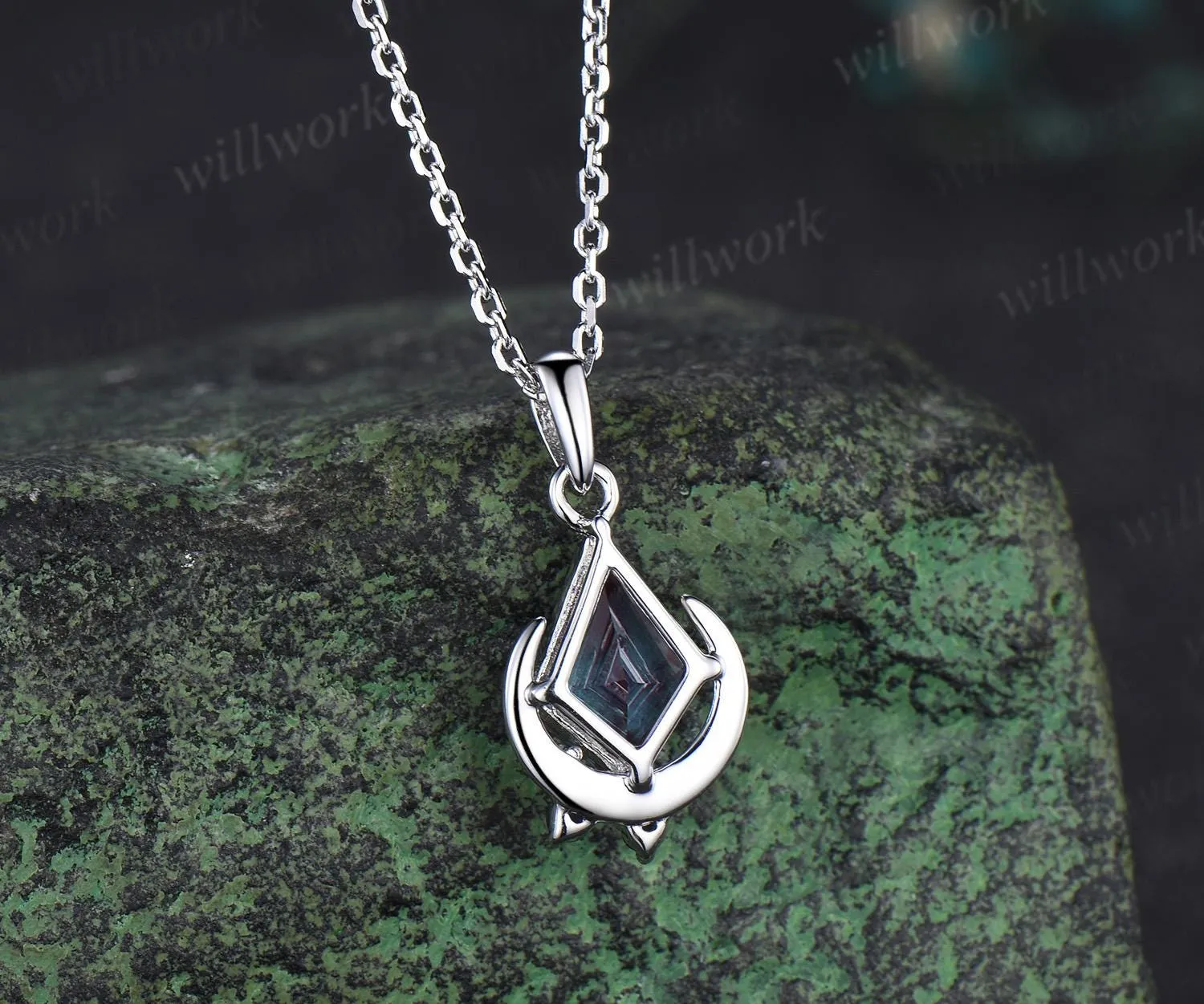 Kite cut Alexandrite necklace solid 14k 18k white gold vintage unique cluster moon sapphire pendant women her anniversary bridal gift mother sold by Willwork Jewelry product image thumbnail 4