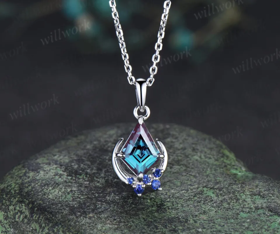 Kite cut Alexandrite necklace solid 14k 18k white gold vintage unique cluster moon sapphire pendant women her anniversary bridal gift mother sold by Willwork Jewelry
