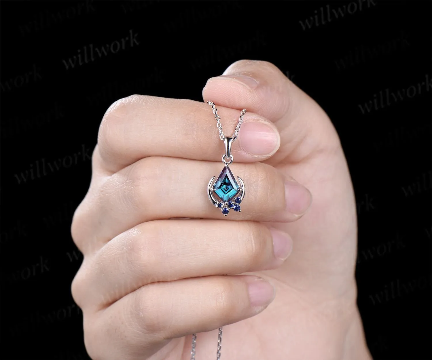 Kite cut Alexandrite necklace solid 14k 18k white gold vintage unique cluster moon sapphire pendant women her anniversary bridal gift mother sold by Willwork Jewelry product image thumbnail 5