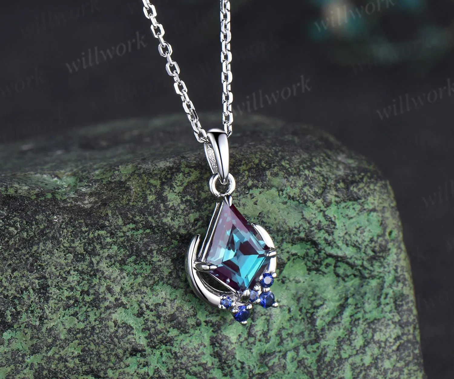 Kite cut Alexandrite necklace solid 14k 18k white gold vintage unique cluster moon sapphire pendant women her anniversary bridal gift mother sold by Willwork Jewelry product image thumbnail 2