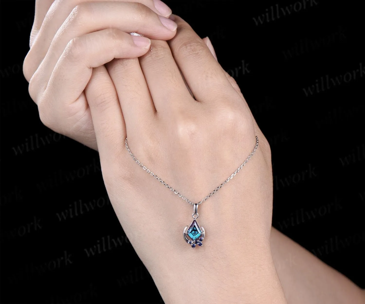 Kite cut Alexandrite necklace solid 14k 18k white gold vintage unique cluster moon sapphire pendant women her anniversary bridal gift mother sold by Willwork Jewelry product image thumbnail 3