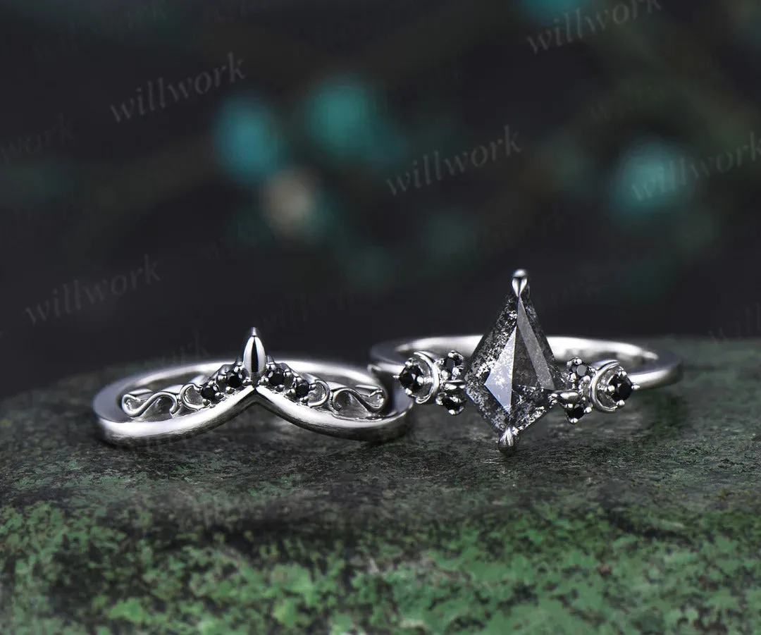 Kite cut salt and pepper diamond engagement ring Moon black diamond ring women unique anniversary gift sold by Willwork Jewelry product image thumbnail 5