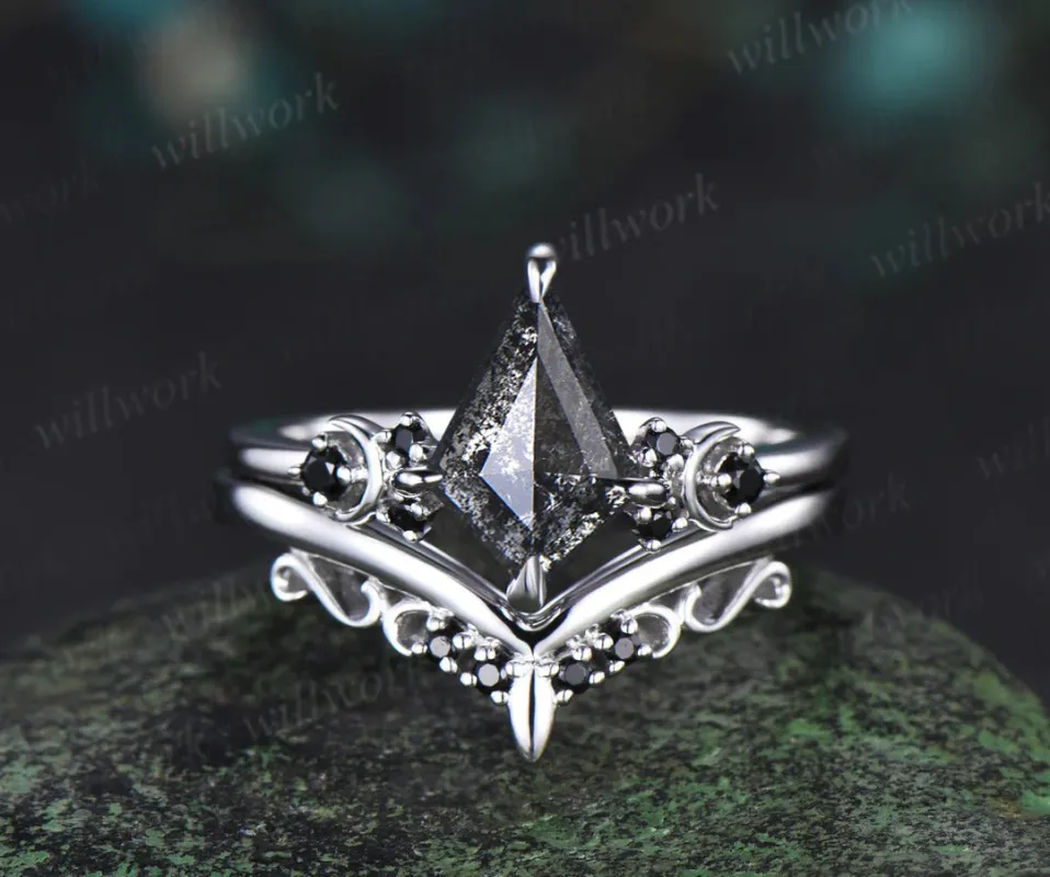 Kite cut salt and pepper diamond engagement ring Moon black diamond ring women unique anniversary gift sold by Willwork Jewelry