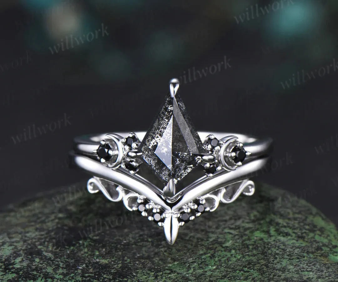 Kite cut salt and pepper diamond engagement ring Moon black diamond ring women unique anniversary gift sold by Willwork Jewelry