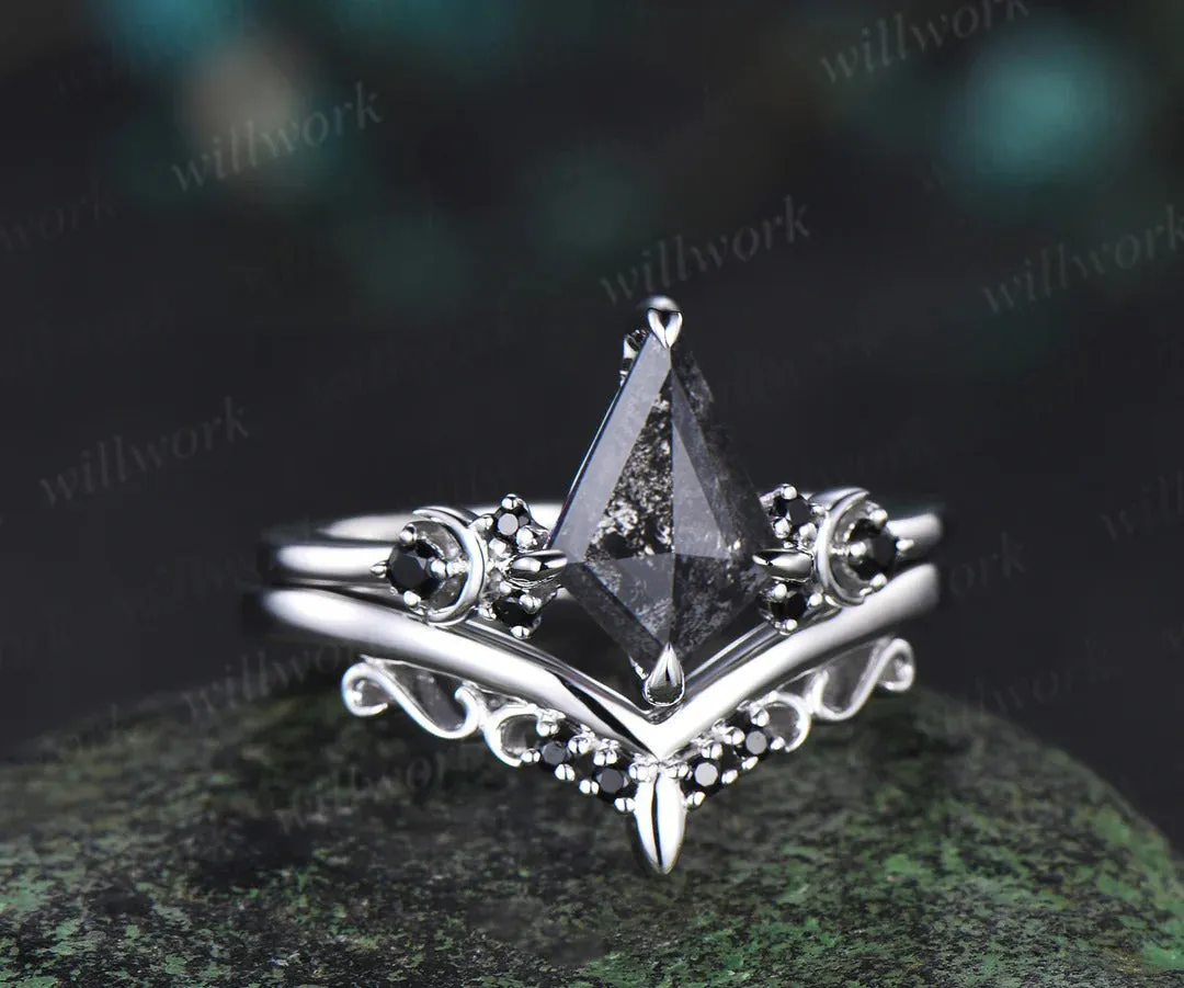 Kite cut salt and pepper diamond engagement ring Moon black diamond ring women unique anniversary gift sold by Willwork Jewelry product image thumbnail 2