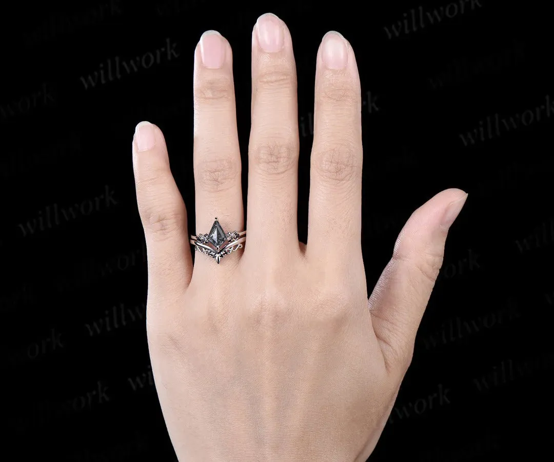 Kite cut salt and pepper diamond engagement ring Moon black diamond ring women unique anniversary gift sold by Willwork Jewelry product image thumbnail 4