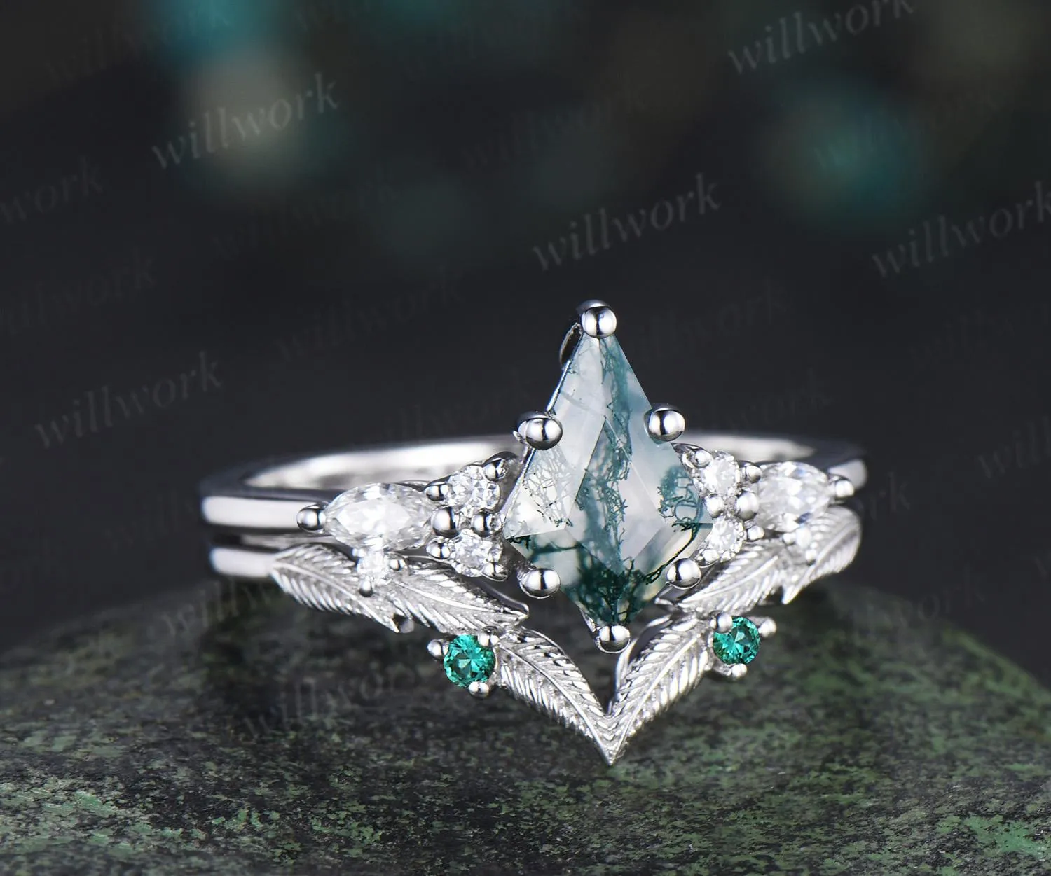 Kite cut natural moss agate engagement ring set moissanite emerald white gold ring leaf nature inspired wedding ring band bridal set sold by Willwork Jewelry product image thumbnail 4