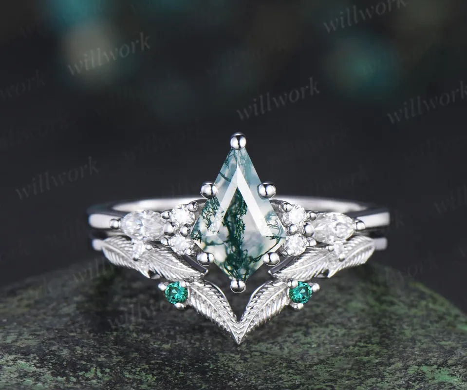 Kite cut natural moss agate engagement ring set moissanite emerald white gold ring leaf nature inspired wedding ring band bridal set sold by Willwork Jewelry