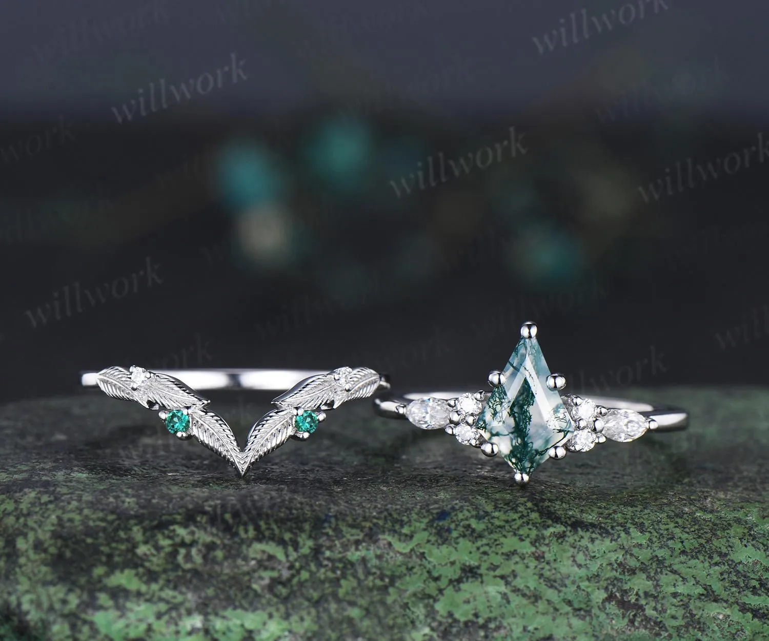 Kite cut natural moss agate engagement ring set moissanite emerald white gold ring leaf nature inspired wedding ring band bridal set sold by Willwork Jewelry product image thumbnail 2