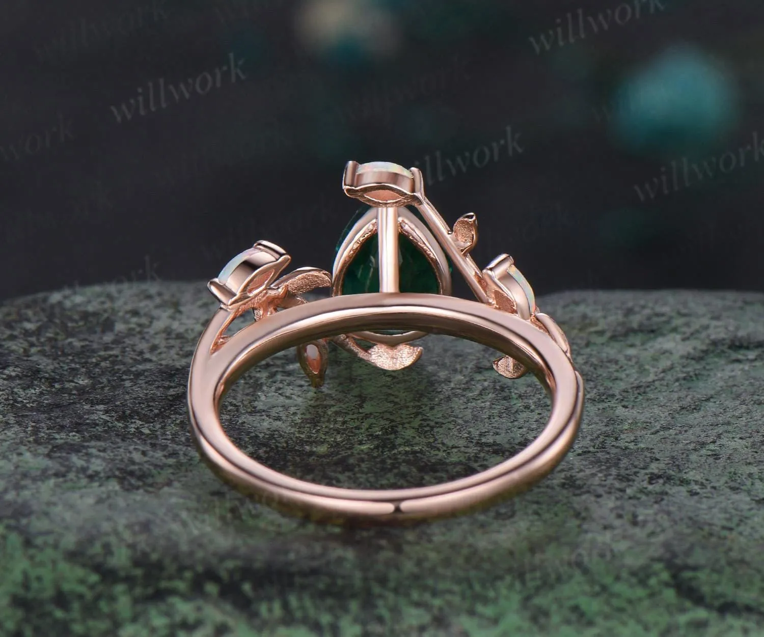 Pear cut emerald ring vintage leaf marquise opal ring women five stone unique nature inspired engagement ring rose gold anniversary gift sold by Willwork Jewelry product image thumbnail 5