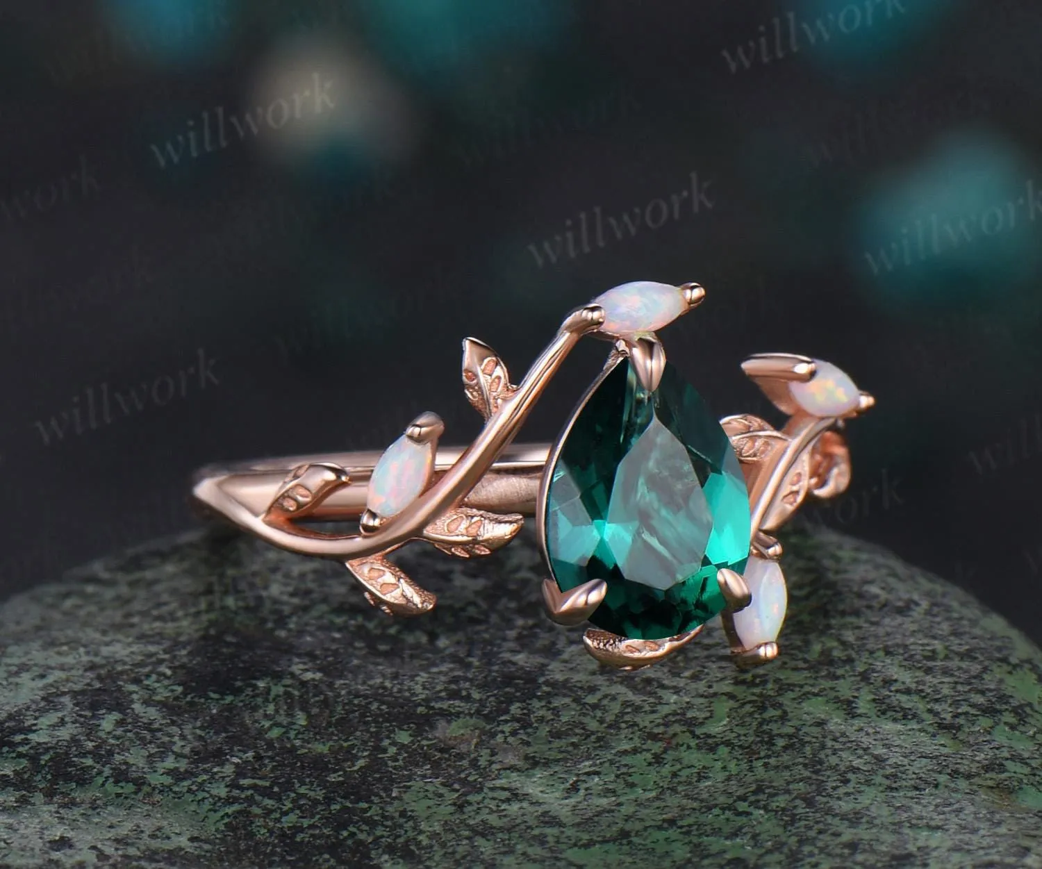 Pear cut emerald ring vintage leaf marquise opal ring women five stone unique nature inspired engagement ring rose gold anniversary gift sold by Willwork Jewelry product image thumbnail 2