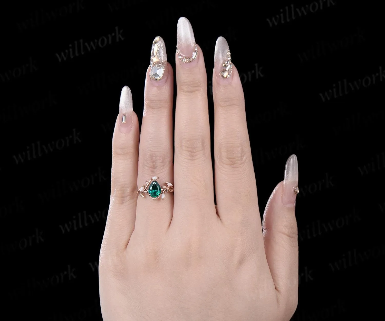 Pear cut emerald ring vintage leaf marquise opal ring women five stone unique nature inspired engagement ring rose gold anniversary gift sold by Willwork Jewelry product image thumbnail 3
